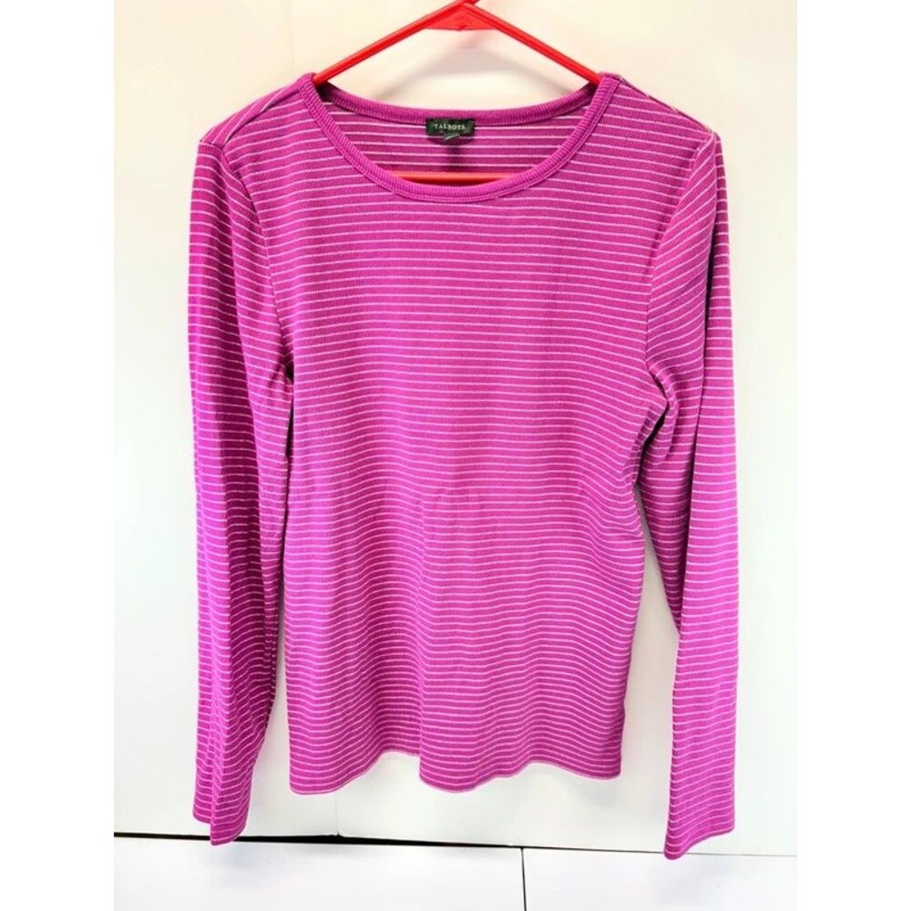Talbots Womens Large Purple Silver Metallic Striped Long Sleeve Crewneck Top L